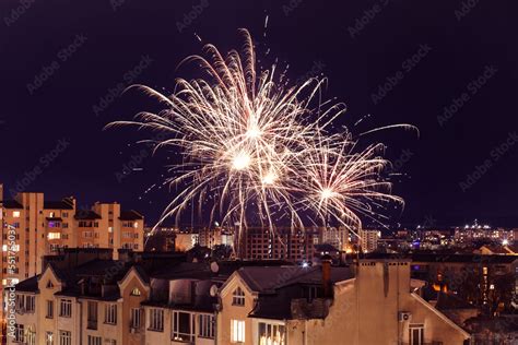 Fireworks Celebration in Night City with Buildings. Night Firework on Cityscape Stock Photo ...