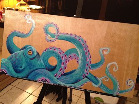 Original Octopus Painting on 12" x 24" Wooden Canvas - Gloss Finish ...