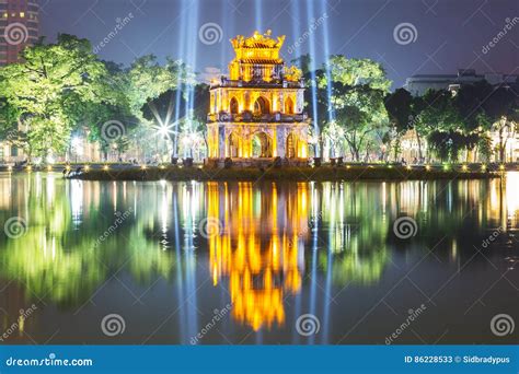 Turtle Tower at Night in Hoan Kiem Lake in Hanoi, Vietnam Stock Image ...