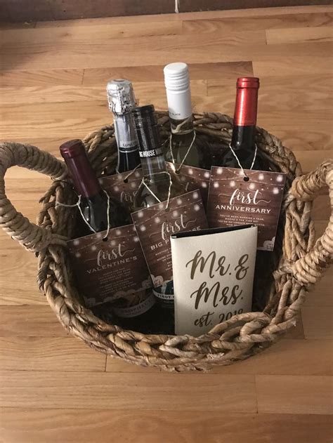 Bridal shower gift! Basket full of wine bottles of firsts. The wine ...