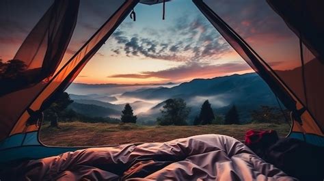 Premium AI Image | a tent with a view of a mountain and a sunset.