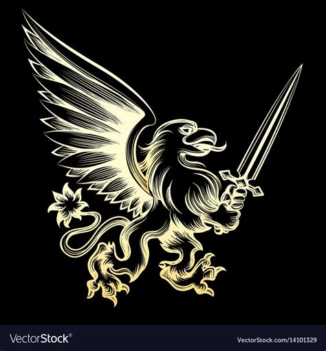 Golden heraldy gryphon with sword Royalty Free Vector Image