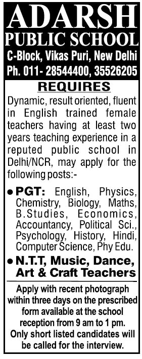 Adarsh Public School, New Delhi Wanted PGT/NTT/Art & Craft/ Music/ Dance Teachers | FacultyPlus