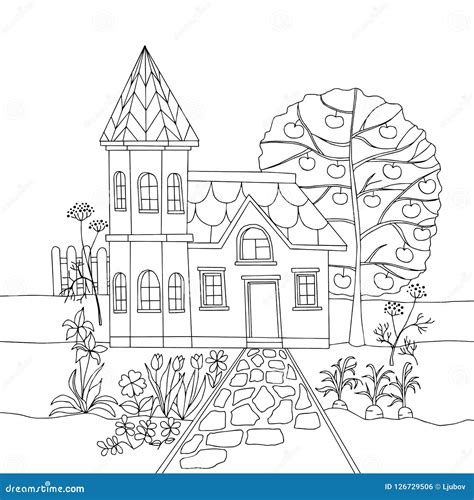 Livre De Coloriage Avec La Maison De Campagne Dans Le Jardin ...