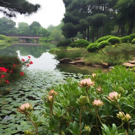 Premium AI Image | A pond in a japanese garden with a bridge in the ...