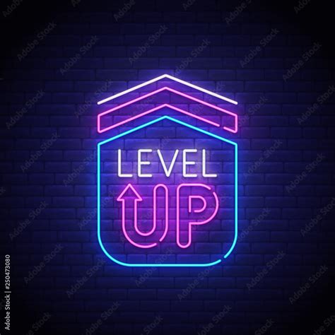 Game popup. Level up neon sign, bright signboard, light banner. Game ...