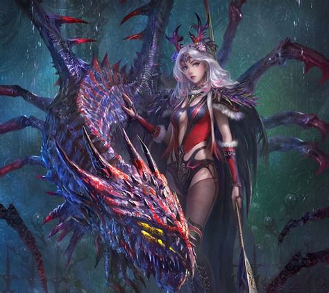 Girl and dragon, dragon, girl, red, kou takano, art, fantasy, HD ...