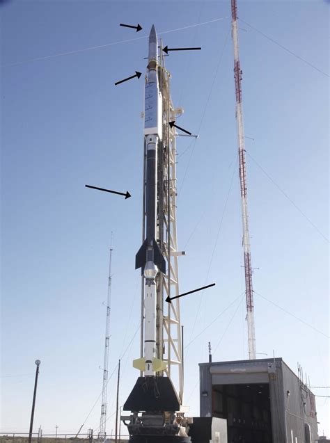 Labeled photograph of the sections of the rocket as it sits on the rail ...