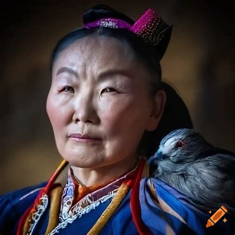Mongolian woman with pigeons in the mountains on Craiyon