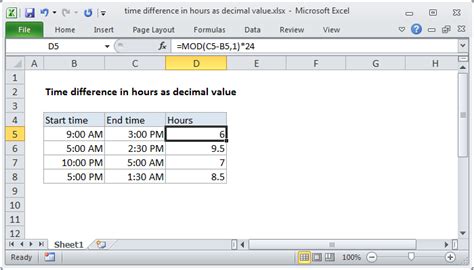 Excel formula: Time difference in hours as decimal value | Exceljet