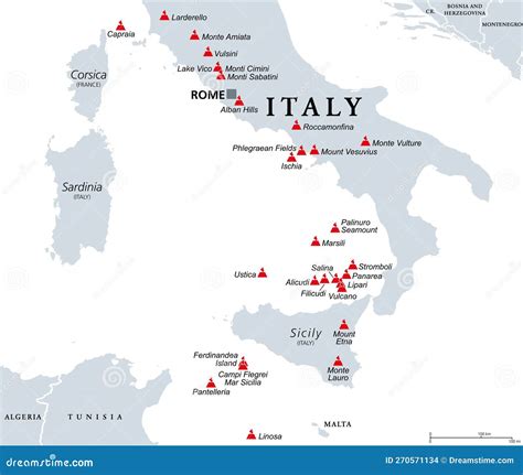 Italy, Active, Dormant and Underwater Volcanoes, Political Map Stock Vector - Illustration of ...