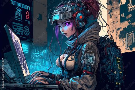 female warrior anime cyberpunk hacker ilustración de Stock | Adobe Stock