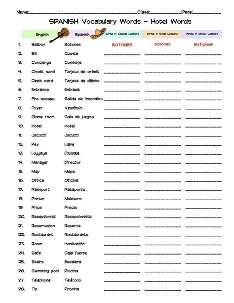 Spanish Hotel Words Vocabulary Word List Column Worksheet - Made By ...