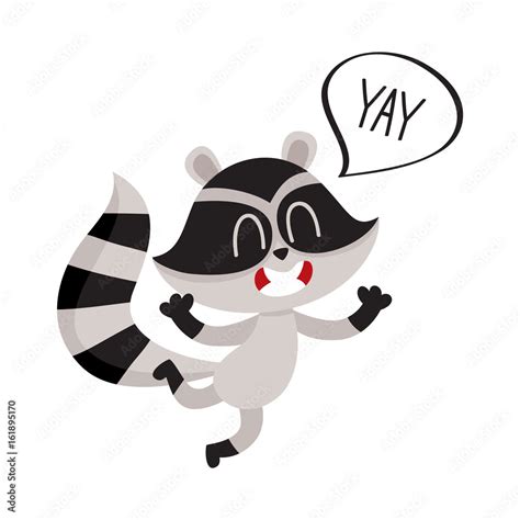 Cute raccoon character jumping from happiness with word Yay in speech bubble, cartoon vector ...