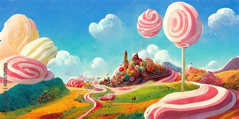 Fantasy candy land with colorful made of candy, lollipops, cake ...