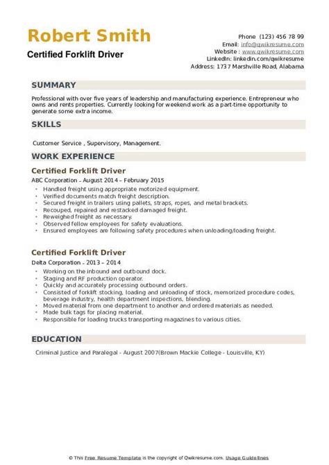 Certified Forklift Driver Resume Samples | QwikResume