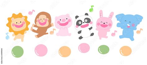 玉乗りする動物、保育イラスト、アニマル、子ども向け、ライオン、サル、ブタ、パンダ、ウサギ、ぞう、 素材庫向量圖 | Adobe Stock