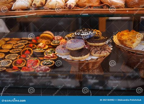 Tasty Pastry on Bakery Display Stock Photo - Image of close, cuisine ...