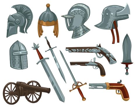 Premium Vector | Swords and weapons, armor and pistols for knights and soldiers of armies ...