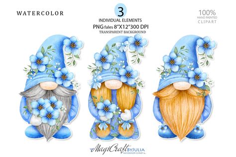 Blue Gnomes PNG clipart, Watercolor Blue gnome with Blue flowers png ...