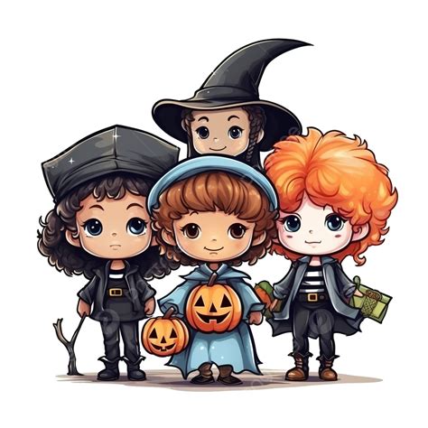 Little Group Of Kids With Halloween Costumes Characters In House Haunted, Witch Hat, Witch ...