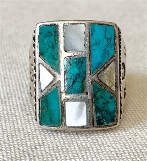 Turquoise Inlay Mens Ring Sterling Silver Vintage Native American Zuni ...