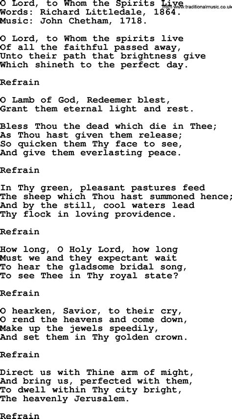 Funeral Hymn: O Lord, to Whom the Spirits Live, lyrics, and PDF