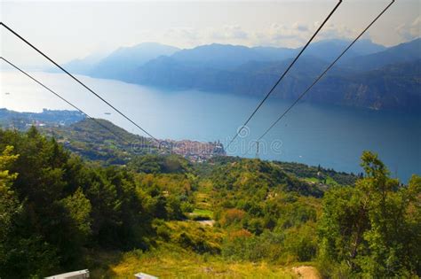 View of the Town of Malcesine and Lake Garda from Malcesine Mountain Cable Car, Italy Stock ...