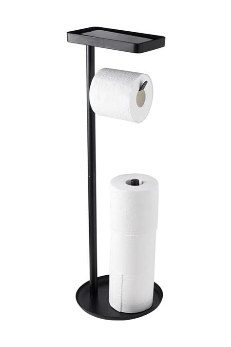 Free-Standing Toilet Roll Holder with Top Storage Shelf, Black Toilet Paper Holder Stand, Floor ...