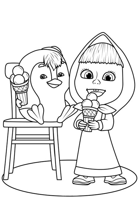 🖍️ Masha and Penguin Eating Ice Cream - Printable Coloring Page for Free - Pupla.com