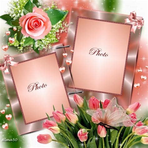 Double Frame with Pink Flowers and Green Leaves