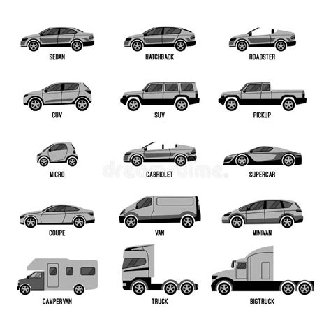 Automobile Set Isolated. Car Models of Different Sizes or Capabilities ...