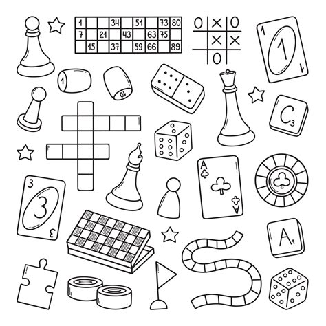 Board games doodle set. Checkers, chess, cards, backgammon in sketch style. Hand drawn vector ...