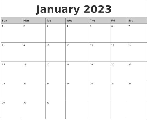 January 2023 Monthly Calendar Printable