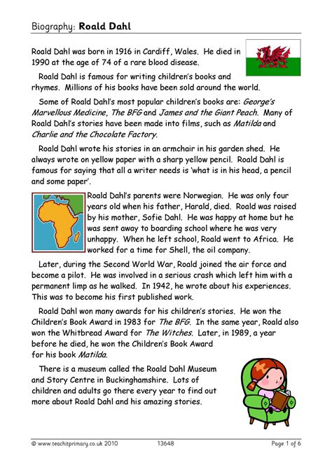 Biography: Roald Dahl | KS2 comprehension | Teachit