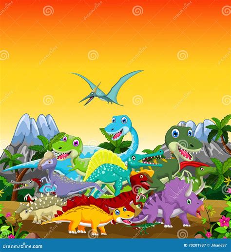 Dinosaur Cartoon with Landscape Background for Your Design Stock ...