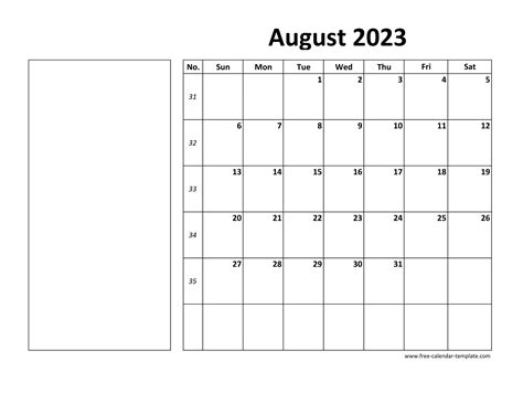 Printable August 2023 Calendar (box and lines for notes) | Free ...