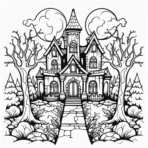 Premium Photo | A black and white drawing of a house with a graveyard in the background ...