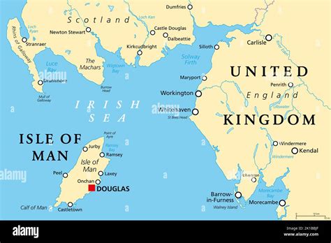 Isle of Man, also known as Mann, political map. An island nation and ...