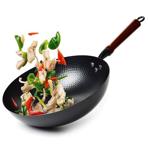 Buy Cooking Wok Pan, Hammered Wok and Stir Fry Pans with Wooden Handle, Frying Wok Carbon Steel ...