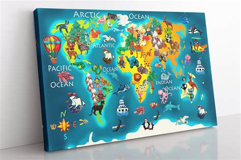 World Map For Kids Canvas Wall Art Framed Children's | Etsy