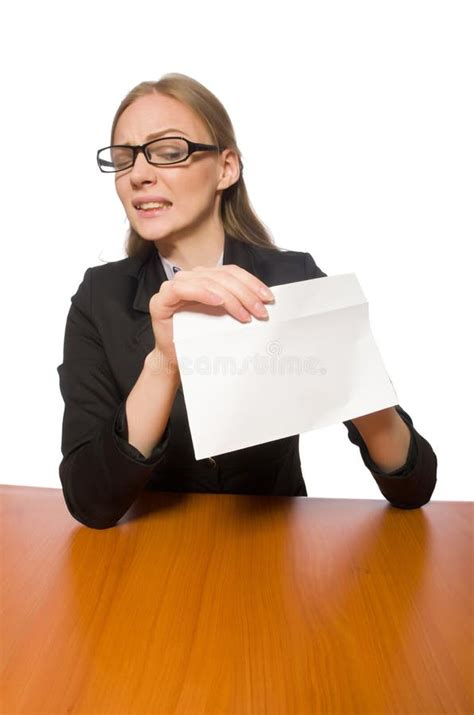 The Female Employee Sitting at Long Table Isolated on White Stock Image - Image of doubting ...