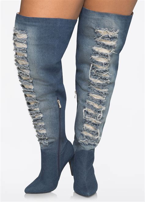 Denim Thigh High Boots Wide Calf - Online Boots