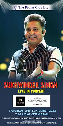 Sukhwinder Singh Live in Concert - 10th Sep. 2022 7.30PM at Cinema Hall ...