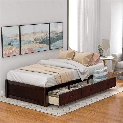 Churanty Twin Size Wood Platform Bed with 3 Drawers Storage Bed,Cherry ...