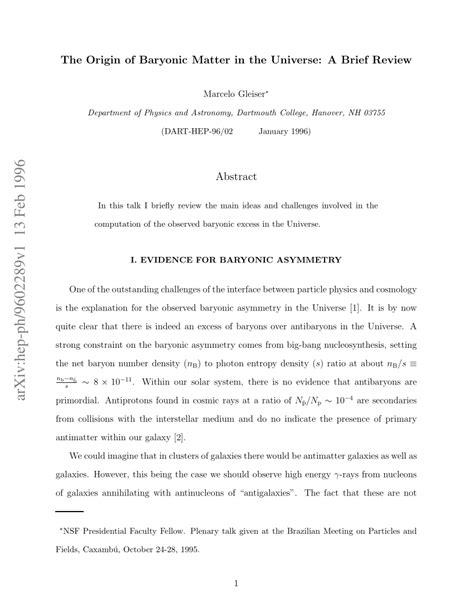 (PDF) The Origin of Baryonic Matter in the Universe: A Brief Review