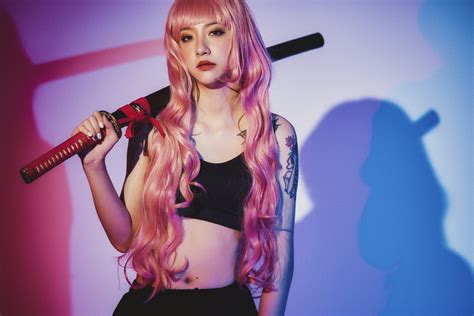 Download Lipstick Tattoo Katana Pink Hair Long Hair Woman Model HD Wallpaper