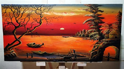 village sunset acrylic color landscape painting | Simple painting for beginners @Joony art - YouTube