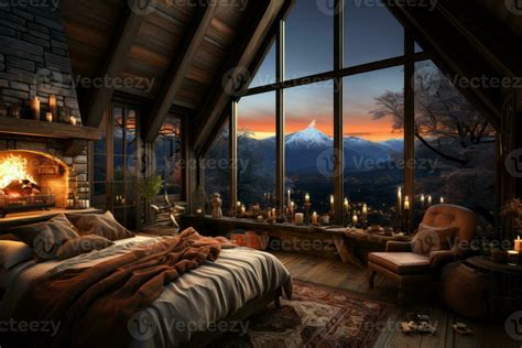 A cozy winter cabin bedroom with a fireplace, warm blankets, and snowy mountain views, evoking ...