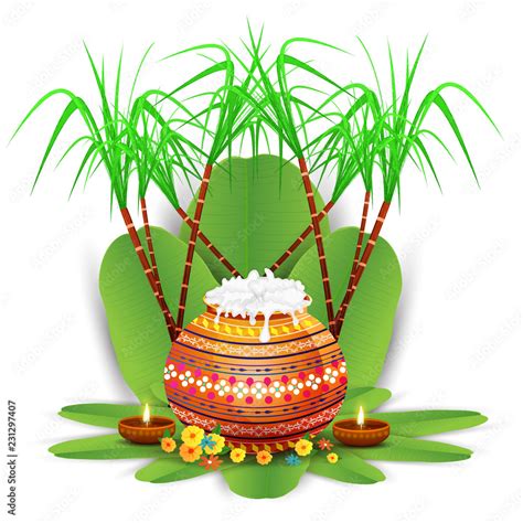 Happy Pongal poster or banner design with traditional pot, sugarcane ...